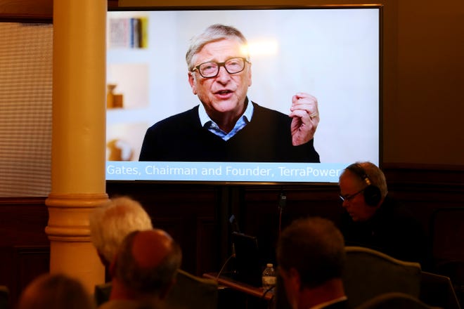 TerraPower Founder and Chairman Bill Gates speaks to the crowd in a recorded video message during the press conference Wyoming Capitol, Wednesday, June 2, 2021, in Cheyenne, Wyo., announcing efforts to advance a Natrium reactor demonstration project.