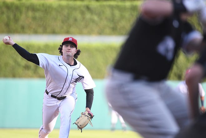 Detroit Tigers starting pitcher Casey Mize (12) pitches the ball during the first inning July 2, 2021 against the Chicago White Sox at Comerica Park.