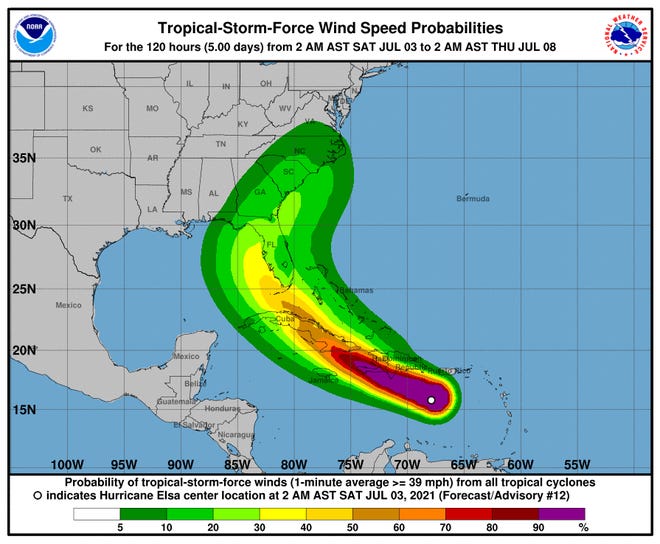 Hurricane Elsa wind speed probabilities