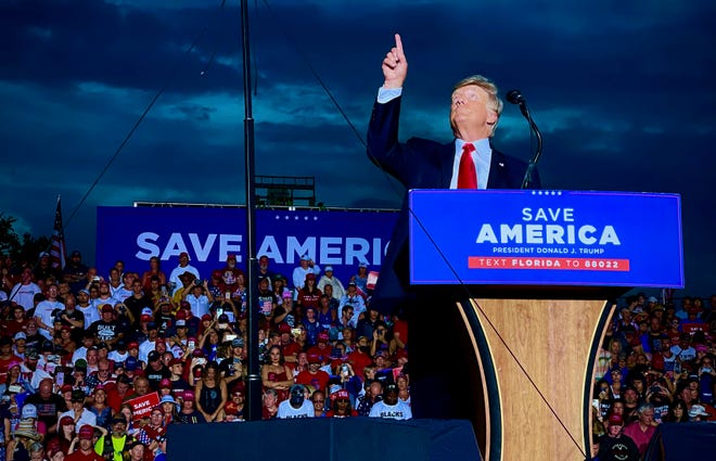Former President Donald Trump speaks at a rally at the Sarasota Fairgrounds on July 3, 2021.