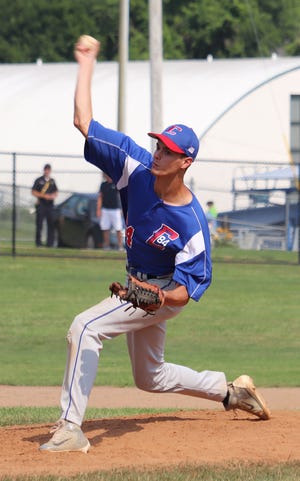 Jensen Helmuth throws a pitch for Cambridge Legion during Sunday's game in the Don Coss tournament.