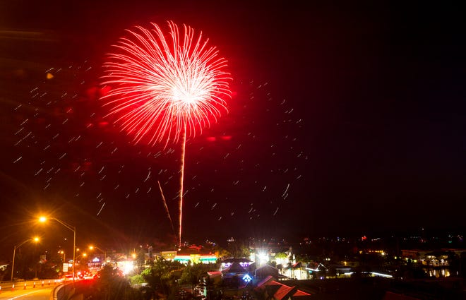 Fireworks light up the skies over Fort Myers Beach, Florida on Sunday, July 4, 2021. Some municipalities brought back fireworks after a year of cancellations due to COVID-19 pandemic.