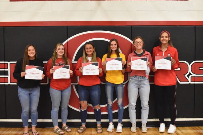 Varsity volleyball awards were presented Friday, May 7, at Orion High School. From left are Kati Kratzberg, Most Digs (251); Anna Silversmet, Most Aces (24); Ashley Awbrey, Most Assists (312); Claire Smith, Coaches Award; Riley Filler, Coaches Award, and Hailey James, Most Kills (135).