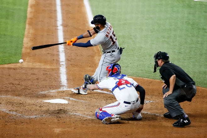Tigers right fielder Nomar Mazara grounds out but drives in a run in the fourth inning in Arlington, Texas, on July 5, 2021.