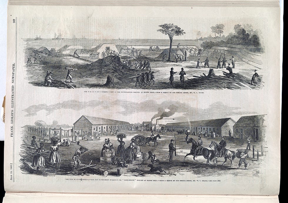 Illustrations show (top) laborers constructing a Union fort and (bottom) African-Americans, mostly women, performing tasks such as doing laundry in a camp for freed slaves at Hilton Head Island, South Carolina, as soldiers guard. The image appeared in Frank Leslie's illustrated newspaper.