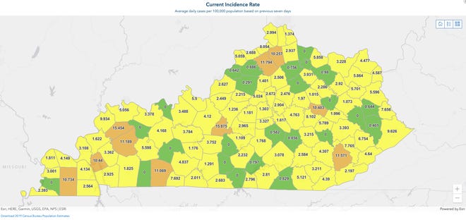 This color-coded map from the Kentucky Department for Public Health shows the current COVID-19 incidence rate in each county in the state.
