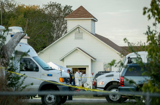Investigators work at the scene of a mass shooting at the First Baptist Church in Sutherland Springs on Sunday November 5, 2017.