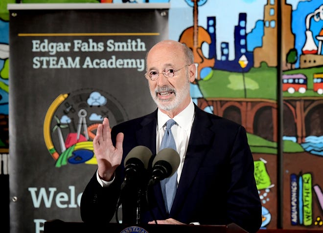 Gov. Tom Wolf speaks about the Level Up Initiative during a visit to Edgar Fahs Smith STEAM Academy in York City Wednesday, July 7, 2021. He contends the measure would help to close funding gaps among state public schools. Bill Kalina photo