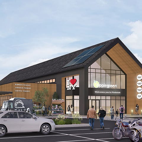 A rendering of a new Thruway travel plaza. Constru
