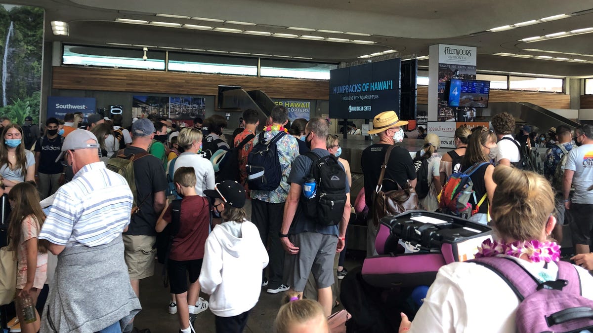 Passengers arriving in Maui wait for bags in the cramped baggage claim area of Kahului Airport. Maui has seen a surge in visitors, and the mayor has proposed a pause in flights.