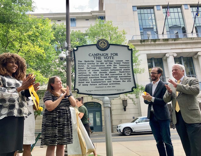 City officials and members of Nashville historical organizations unveil the new historical marker, "Campaign For the Vote," honoring the centennial of the ratification of the 19th amendment.