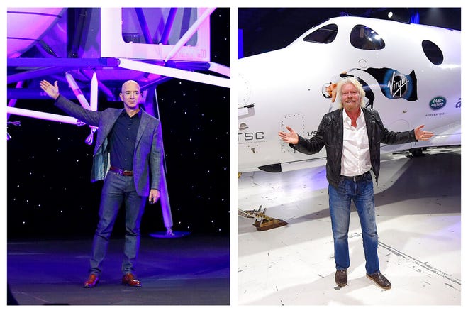 This combination of 2019 and 2016 file photos shows Jeff Bezos with a model of the Blue Moon lunar lander from Blue Origin in Washington, left, and Richard Branson with Virgin Galactics' space tourism rocket SpaceShipTwo in Mojave, California.  The two billionaires are risking everything to fly into space with their own rockets in July 2021.