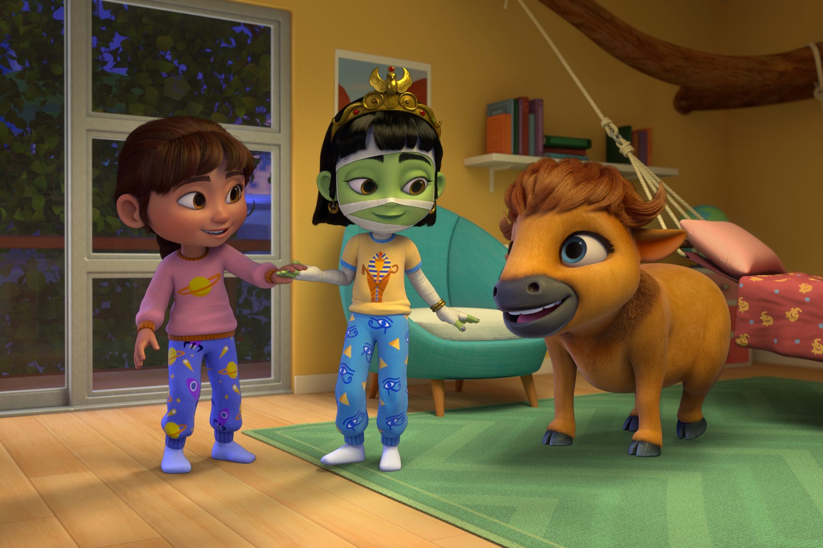 Protagonist 6-year old Ridley (left) is an action-adventure hero who lives in a treehouse inside a museum, where animals and artifacts come alive.