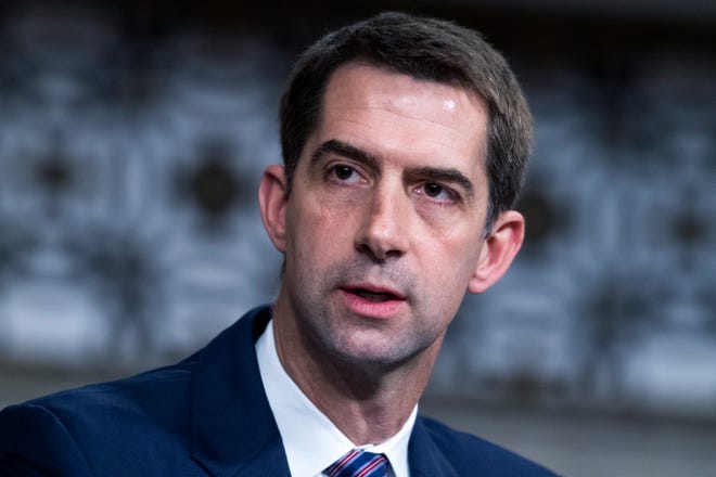 Sen. Tom Cotton, R-Ark.,  asks a question during a  Senate Judiciary Committee confirmation hearing in the Dirksen Senate Office Building on April 28, 2021.