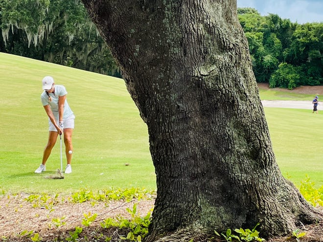 University of Tennessee sophomore Kayla Holden of Coral Springs hits from near a tree along the 18th fairway of the Amelia Club at Long Point on Friday during the first round of the Florida Women's Stroke Play Championship.