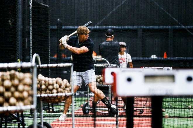 Mason Auer takes batting practice at Marucci Clubhouse Midwest on Thursday, July 8, 2021. Auer is expected to be drafted in the MLB Draft.
