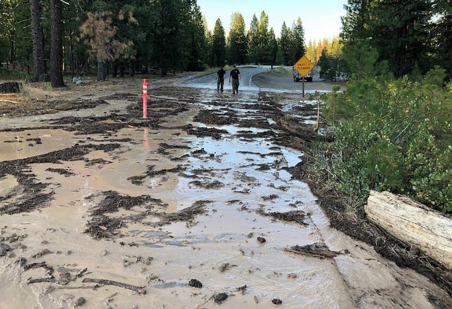 Mud and debris flowing from Mud Creek earlier this year covered part of Pilgrim Creek Road southwest of Mt. Shasta on the Shasta-Trinity National Forest. In 2014, mudslides on the southeastern flank of the volcano were blamed on glacial melting.