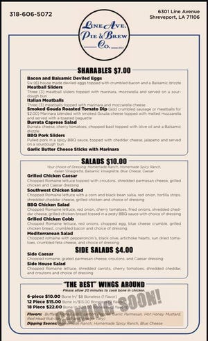 The menu at Line Ave. Pie and Brew Co. The restaurant will open at 6301 Line Ave. in Shreveport.
