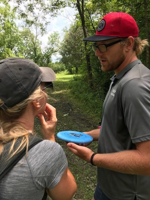 Gavin Babcock of Altoona waits for his next throw at the Disc Golf Pro Tour event at Pickard Park, Indianola on July 10, 2021.