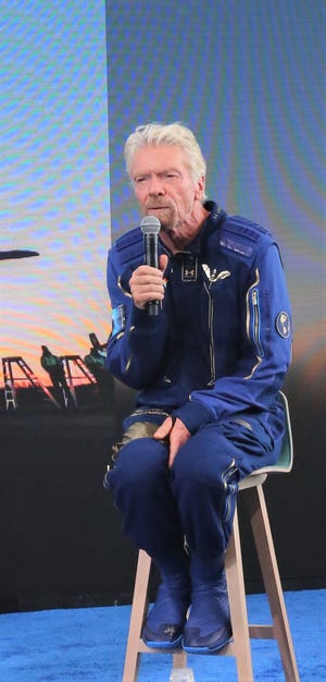 Virgin Galactic founder Richard Branson speaks during a press conference at New Mexico's Spaceport America following his flight to space on Sunday, July 11, 2021.