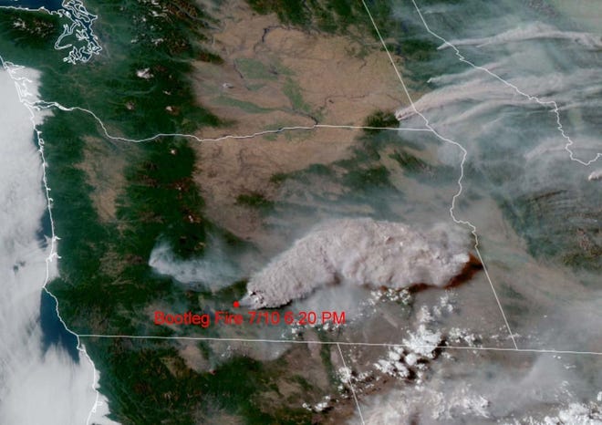The Bootleg Fire exploding on Saturday afternoon on satellite.