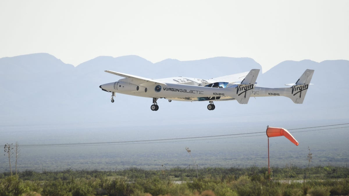 The Virgin Galactic SpaceShipTwo space plane Unity flies at Spaceport America, near Truth and Consequences, New Mexico on July 11, 2021.
