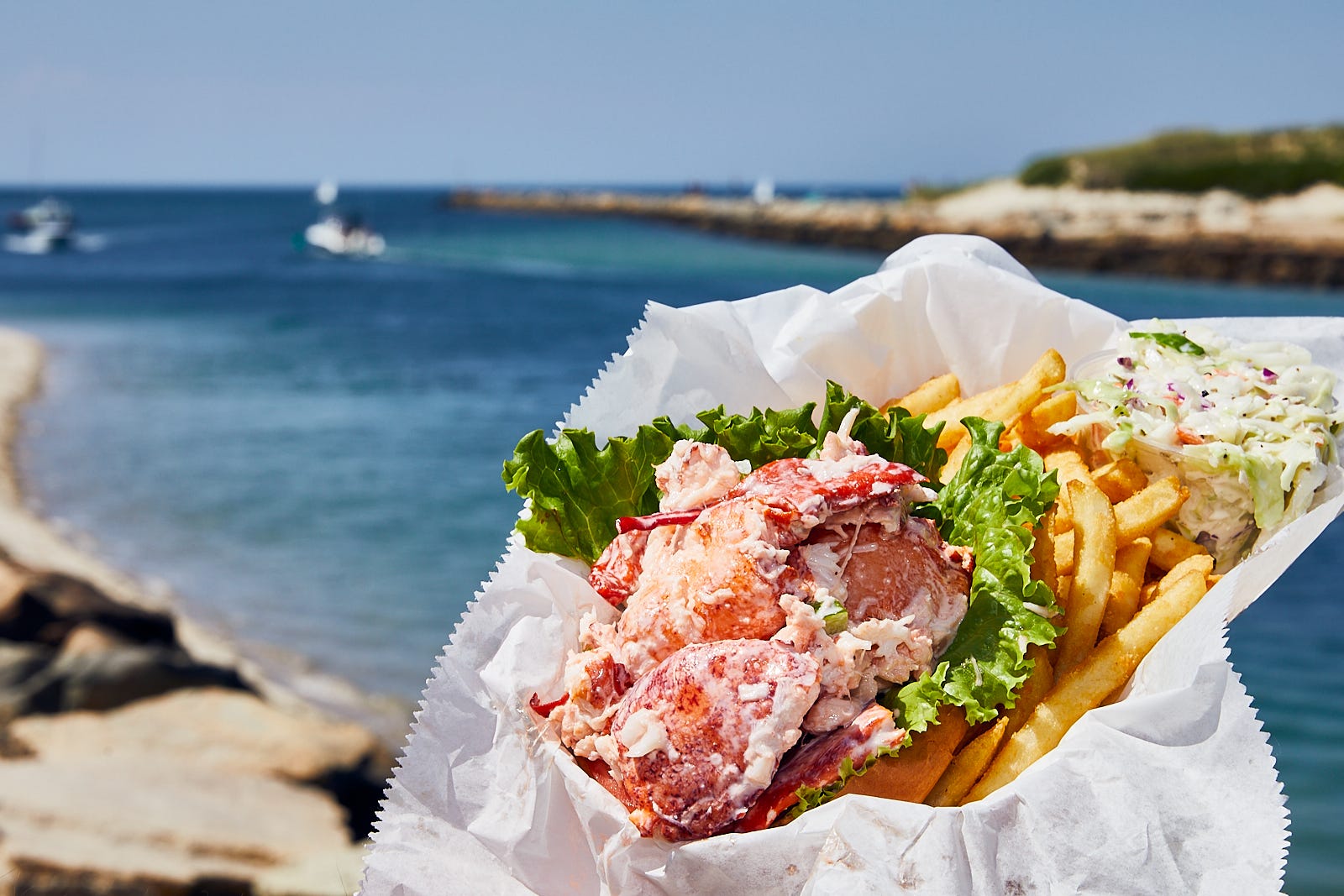 lobster roll with French fries and the beach in the background