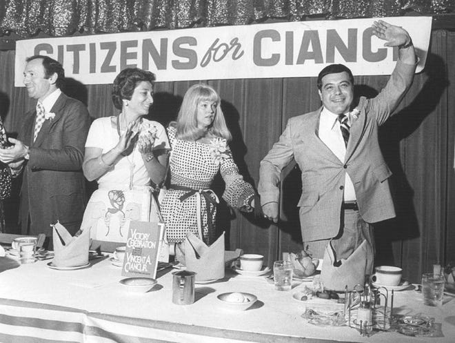 Buddy Cianci and his wife Sheila at his victory celebration in 1974. Cianci beat incumbent Joseph Doorley Jr. by just over 700 votes and received about 45 percent of the total vote.