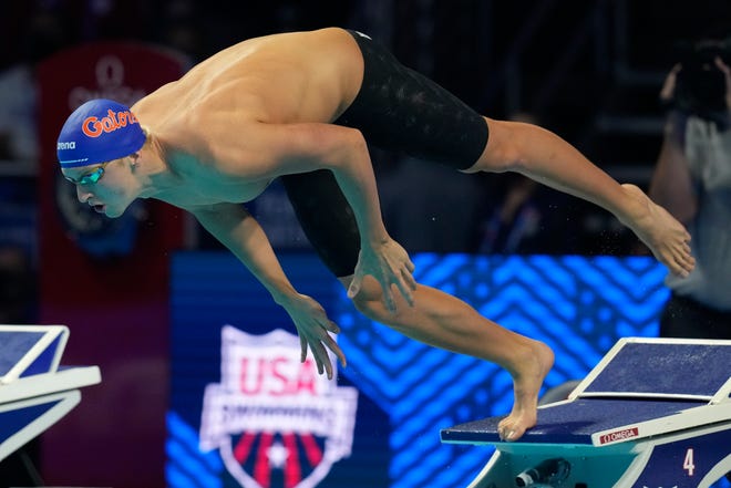 Kieran Smith starts his heat in the Men's 200 Freestyle during wave 2 of the U.S. Olympic Swim Trials on Monday, June 14, 2021, in Omaha, Neb.