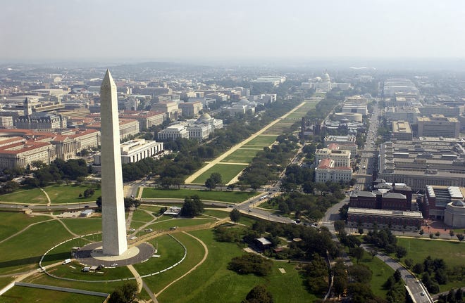 Washington Memorial towers over the National Mall in Washington D.C. in this aerial photo from Sept. 26, 2003.