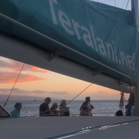 Passengers watch the sun set from a catamaran dinn