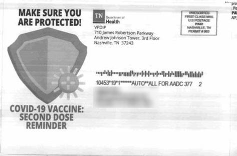 After Tennesseans receive their first dose of a coronavirus vaccine, the Tennessee Department of Health sends a postcard like this one to remind them to get a second dose. But, as the agency rolls back vaccine outreach, it will no longer send these reminders to minors.