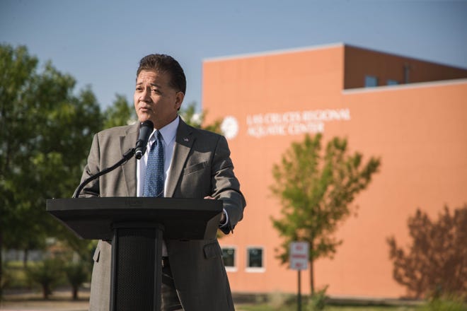 Las Cruces Mayor Ken Miyagishima speaks at a ground breaking ceremony for the expansion of the Las Cruces Regional Aquatic Center in Las Cruces on Tuesday, July 13, 2021.