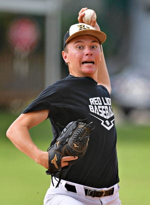 Red Lion's Chase Morris pitches against New Oxford during York Adams American Legion championship baseball action at Laucks Memorial Park in Windsor, Monday, July 12, 2021. New Oxford would win the game 5-1. Dawn J. Sagert photo