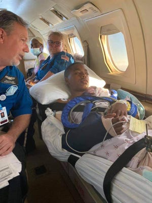 Aalando Perry being transferred to a Tennessee hospital after his injuries in Branson.