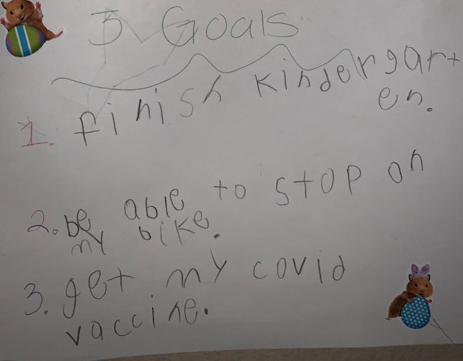 USA TODAY reporter Julia Thompson's five-year-old daughter wrote out her goals, listing getting a COVID-19 vaccine as number three.