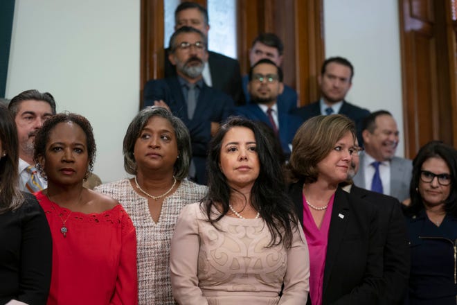 Democratic State Reps. Sheryl Cole, D-Austin, Rhetta Bowers, D-Rowlett, Victoria Neave, D-Dallas, and Re. Ann Johnson, D-Houston, listen to the press conference on the first day of the special session on July 8, 2021. 