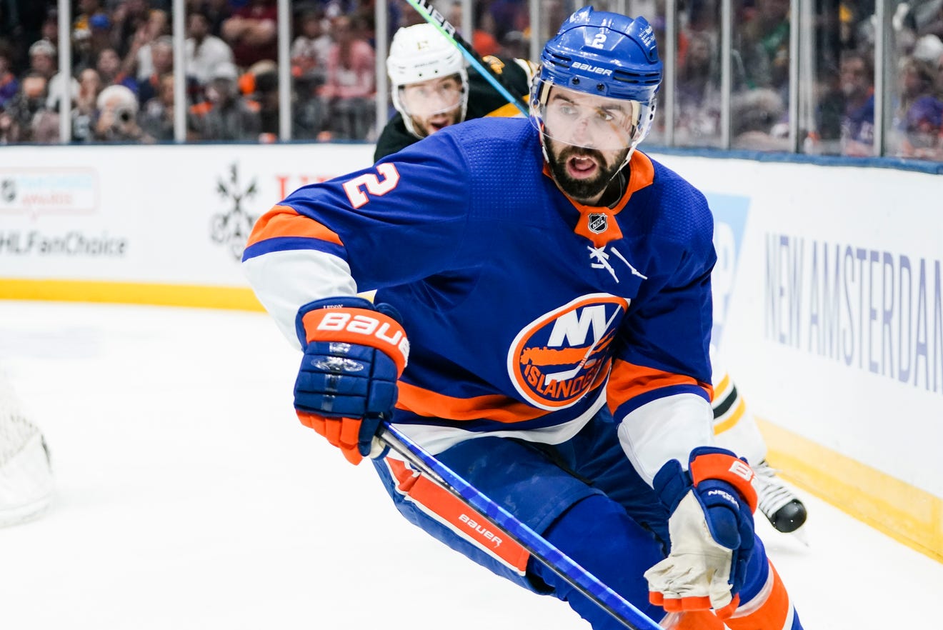 New York Islanders' Nick Leddy (2) during the first period of Game 4 during an NHL hockey second-round playoff series against the Boston Bruins Saturday, June 5, 2021, in Uniondale, N.Y.