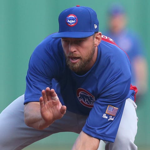 Ben Zobrist takes infield practice with the Chicag