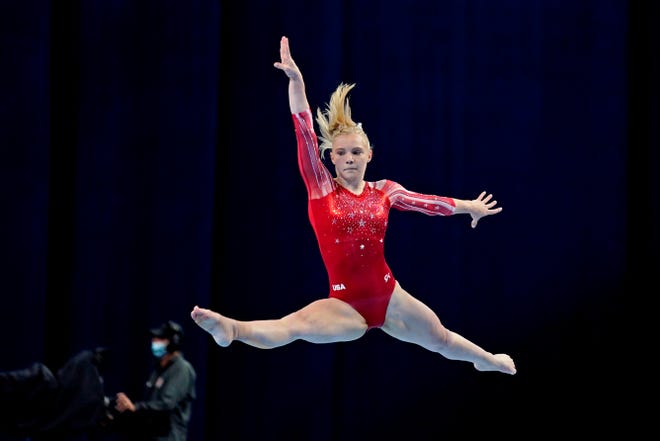 Jade Carey competes on the floor during the U.S. Olympic Team Trials - Gymnastics competition at The Dome at America's Center.