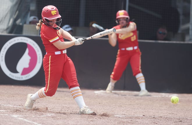 Carlisle's Lauryn McGriff hits the ball for a single against Boone during the second inning in the Class 4A State Softball quarterfinal at Rodger Sports Complex Tuesday, July 20, 2021, in Fort Dodge, Iowa.