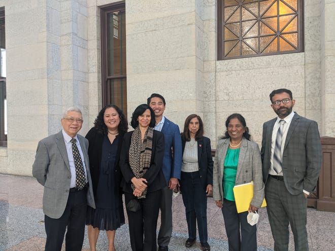 Leaders in the AAPI community testified at the Ohio Statehouse early 2021 in support of adding a budget amendment that would create an Ohio Asian American and Pacific Islander Affairs Commission. From left to right: Yung Chen-Lu, Jona Hilario, Angela Dawson, Dr. Gregory Lam, Shahin Rahman, Manju Sankarappa and Sudarshan Pyakurel