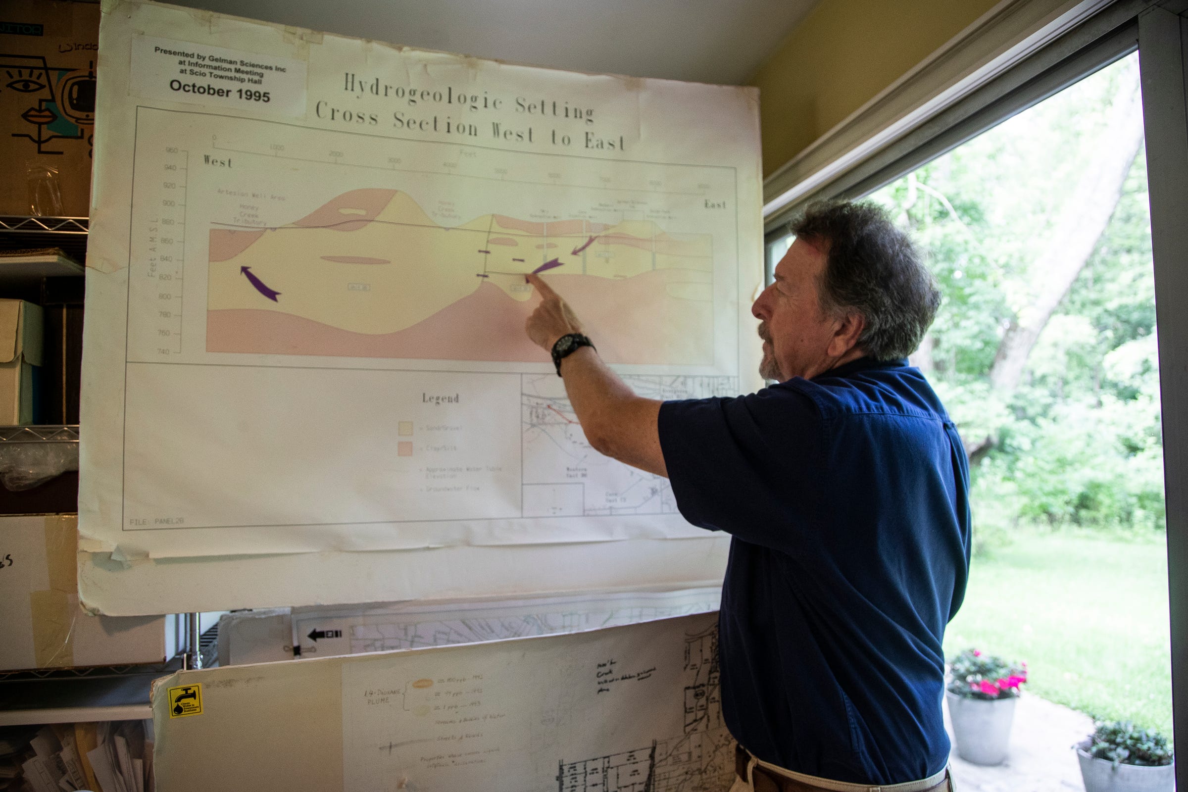Roger Rayle, chair of Coalition for Action on Remediation of Dioxane, at his home in Scio Township on July 9, 2021, shows a graphic illustration of dioxane pollution presented by Gelman Science at a public hearing in 1995.