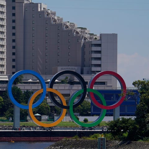 A general view of the Olympic Rings in Odaiba befo
