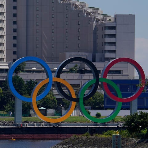 A general view of the Olympic rings in Odaiba befo