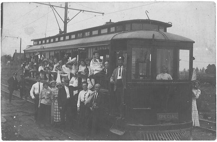 Riders on the interurban in Holland. The electric railway was a faster and cheaper alternative to steam-powered trains and boats.