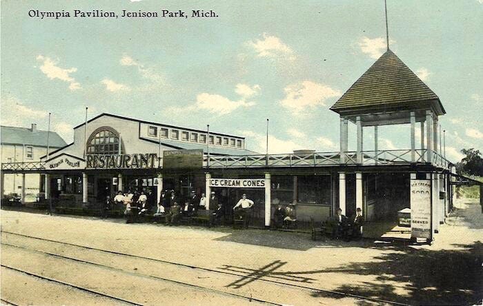 A postcard showing the Olympia Pavilion at Jenison Electric Park. Interurban tracks can be seen in the foreground.