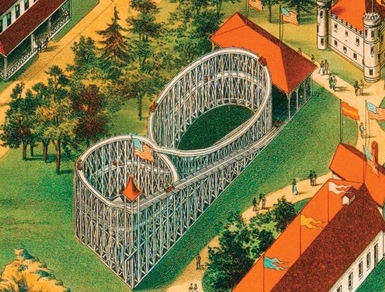 The Figure 8 roller coaster at Jenison Park as depicted in the colored poster used as the cover of Lois Jesiek Kayes' "Jenison Electric Park."