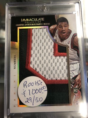 Milwaukee Bucks superstar Giannis Antetokounmpo's rookie card is on sale for $1,000 at AJ Collectables in Greenfield.