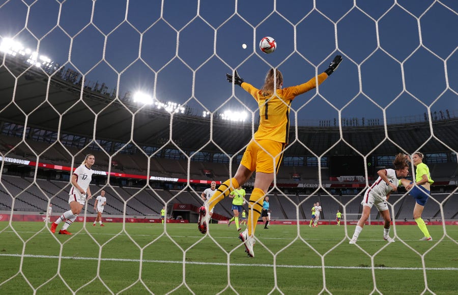 Lina Hurtig #8 of Team Sweden scores their side's third goal past Alyssa Naeher #1 of Team United States during the Women's First Round Group G match between Sweden and United States during the Tokyo 2020 Olympic Games at Tokyo Stadium on July 21, 2021 in Chofu, Tokyo, Japan.